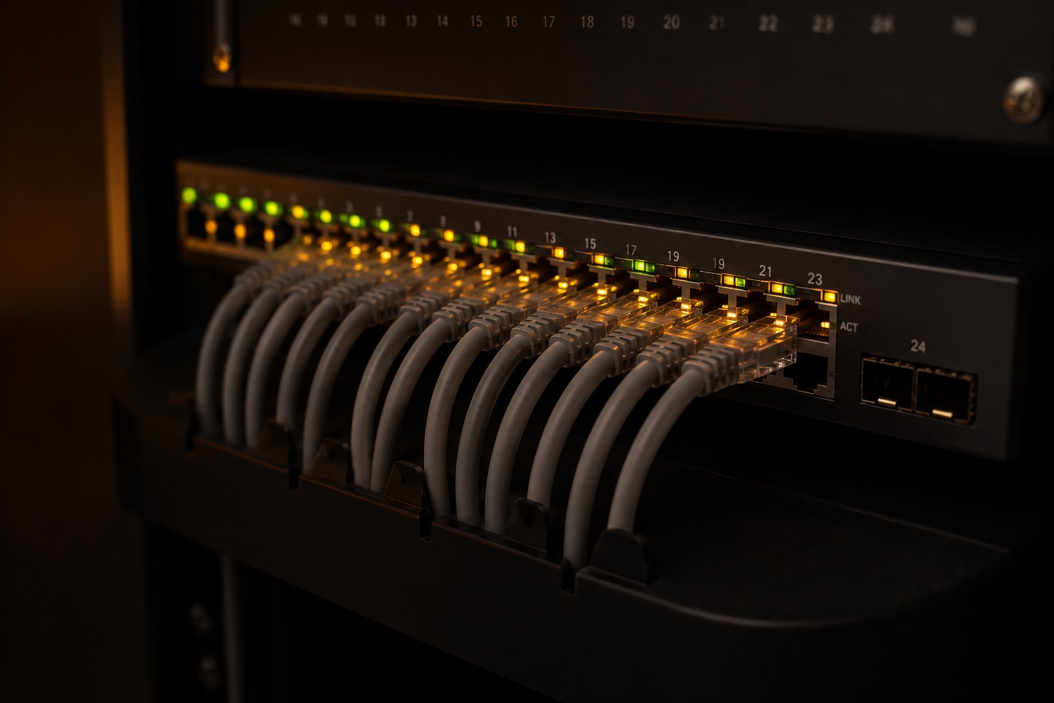 Professionele netwerkswitch met geïllumineerde poorten — BennIT netwerk installatie